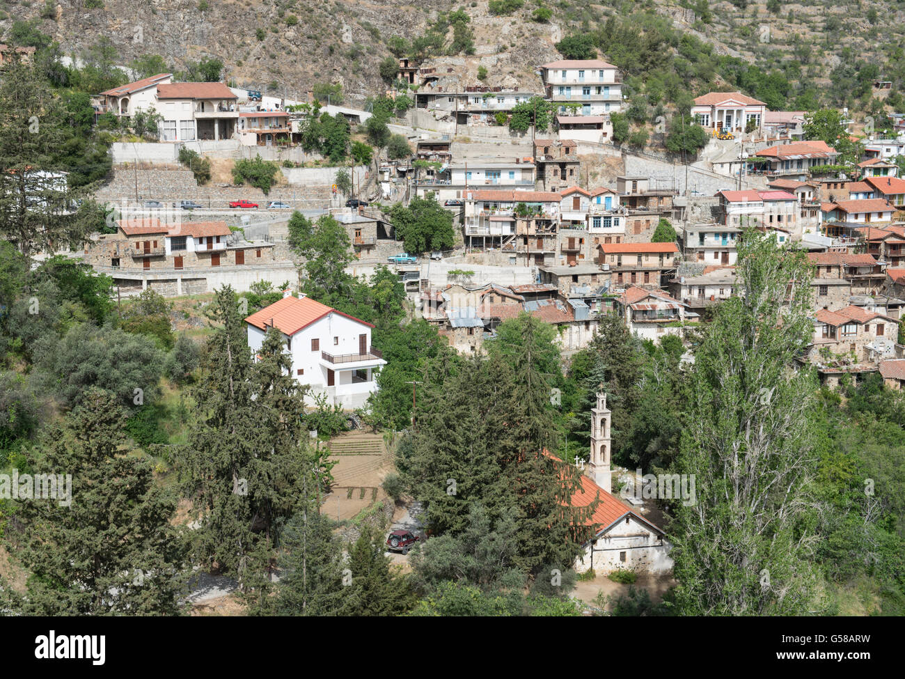 Famous picturesque Mountain Village resort of Askas in Nicosia district  at Troodos mountains in  Cyprus. Stock Photo
