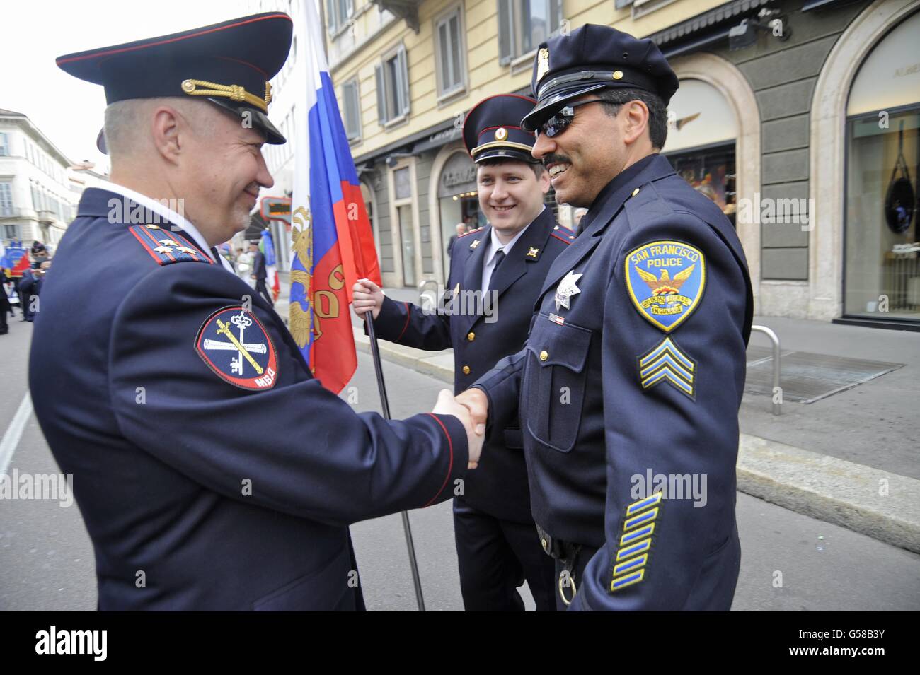 Milan (Italy), Carabinieri National Association gathering to celebrate 202 anniversary  of foundation; delegation of police officers from Moscow (Russia) and San Francisco (USA) Stock Photo