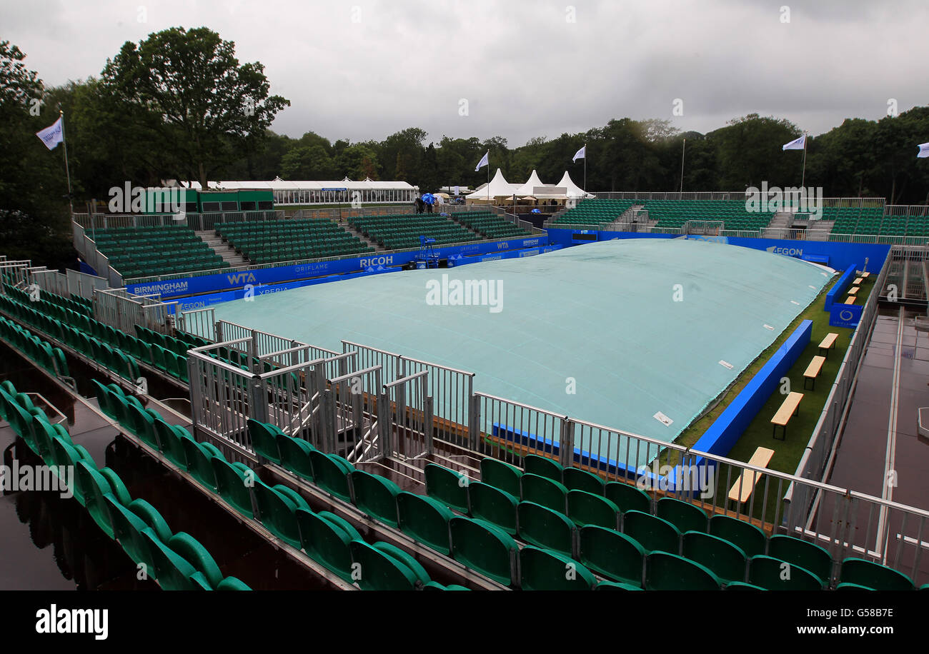 Tennis - AEGON Classic 2012 - Day One - Edgbaston Priory Club. Covers over Centre Court as no play is possible due to the bad weather Stock Photo