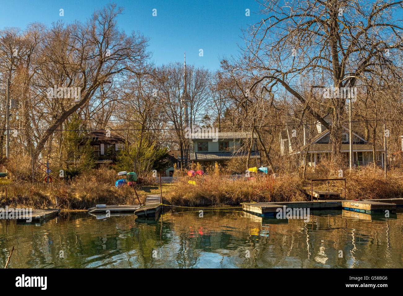 A rustic house on Centre Island, one of a of a small group of Islands just off of the Mainland and the City Of Toronto, Ontario, Canada Stock Photo
