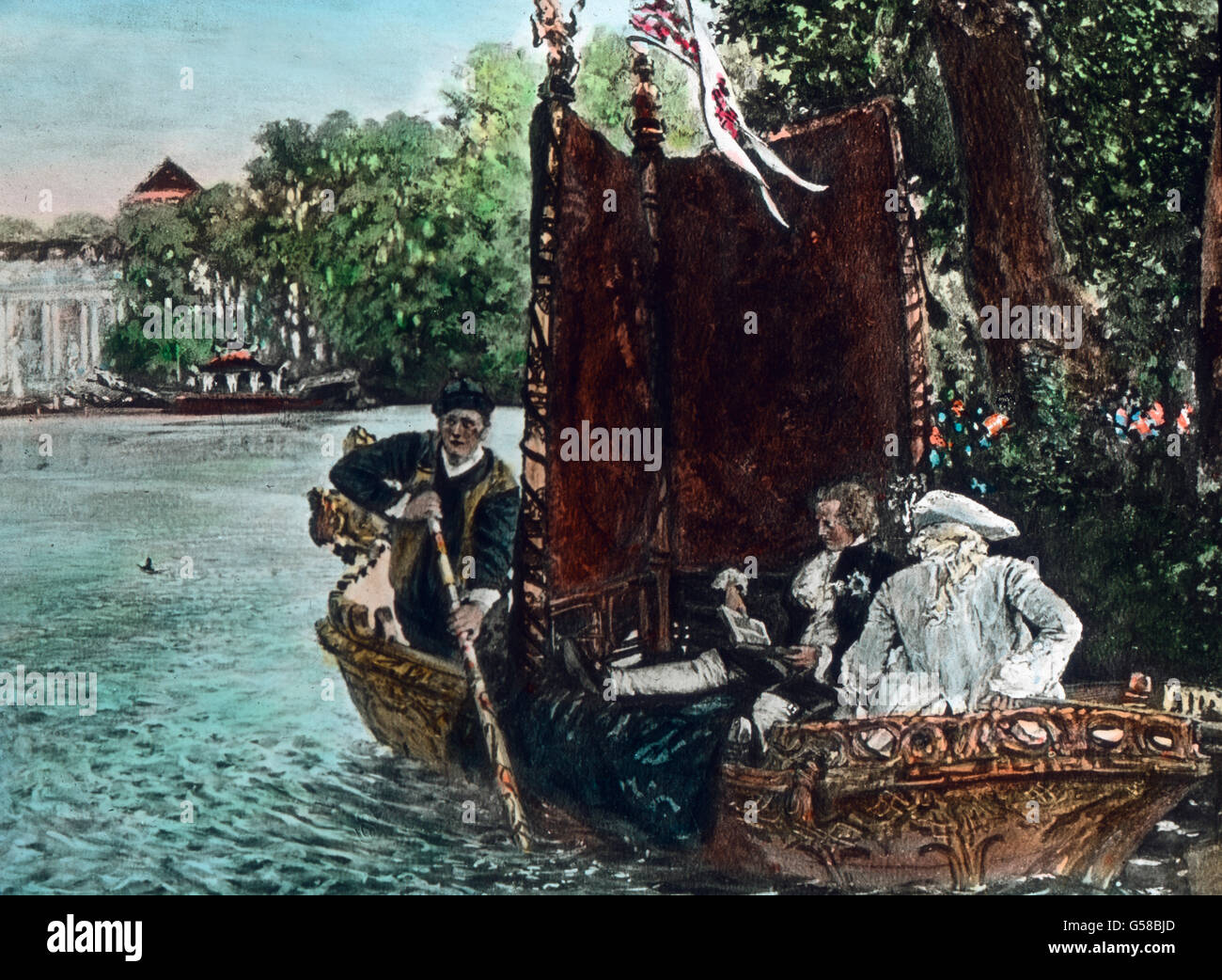 Friedrich der Große in Rheinsberg. Germany, Prussia, monarchy, king, royalty, nobility, 1900s, 20th century, archive, Carl Simon, history, historical, hand coloured glass slide, German, Prussian, king, rowing, boat, lake, Stock Photo