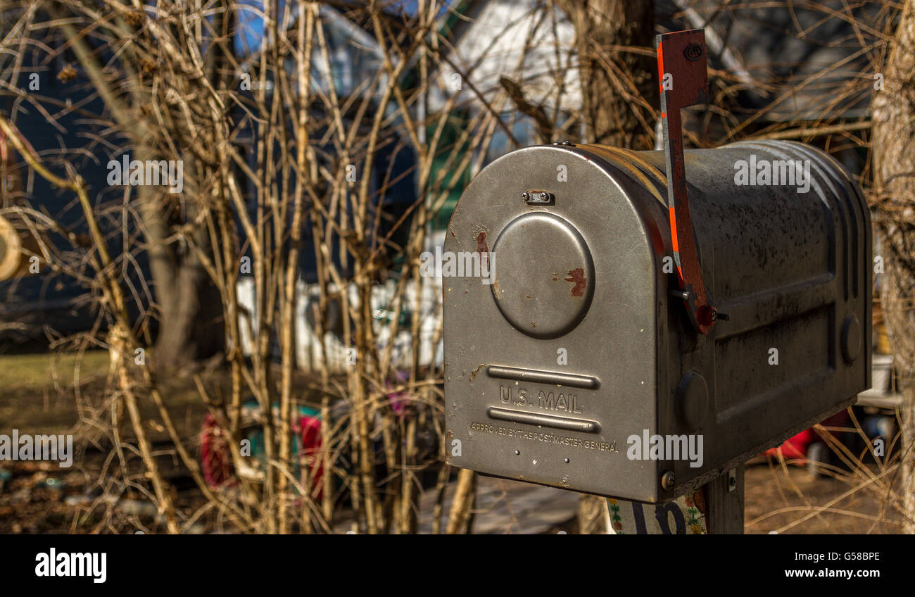 A galvanised steel mail box outside a house on Centre Island ,one of the cluster of islands near Toronto, Ontario,Canda Stock Photo