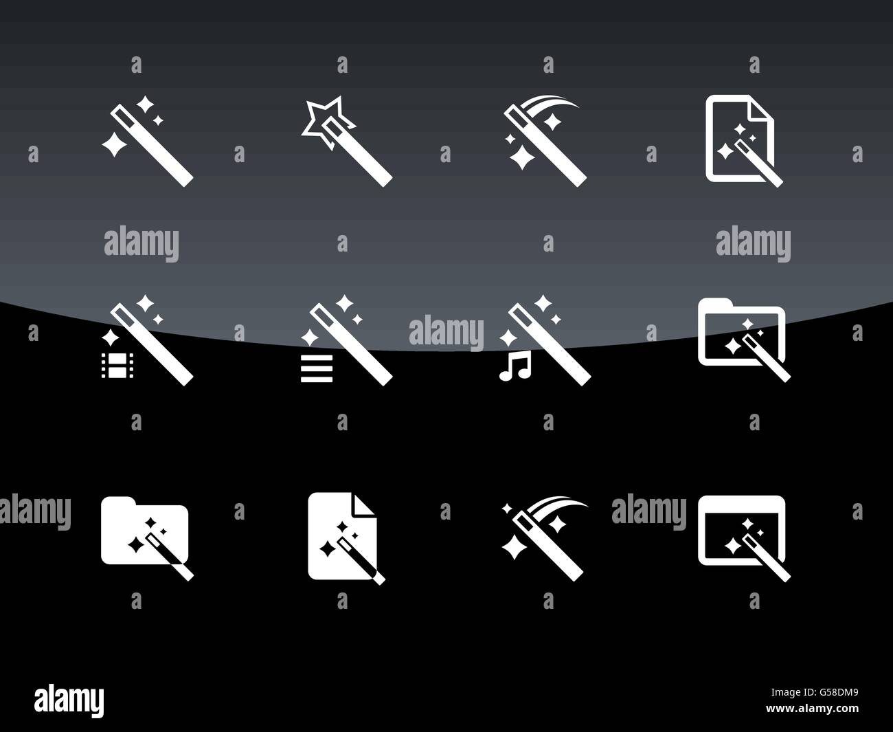 Magician icons on black background. Stock Vector
