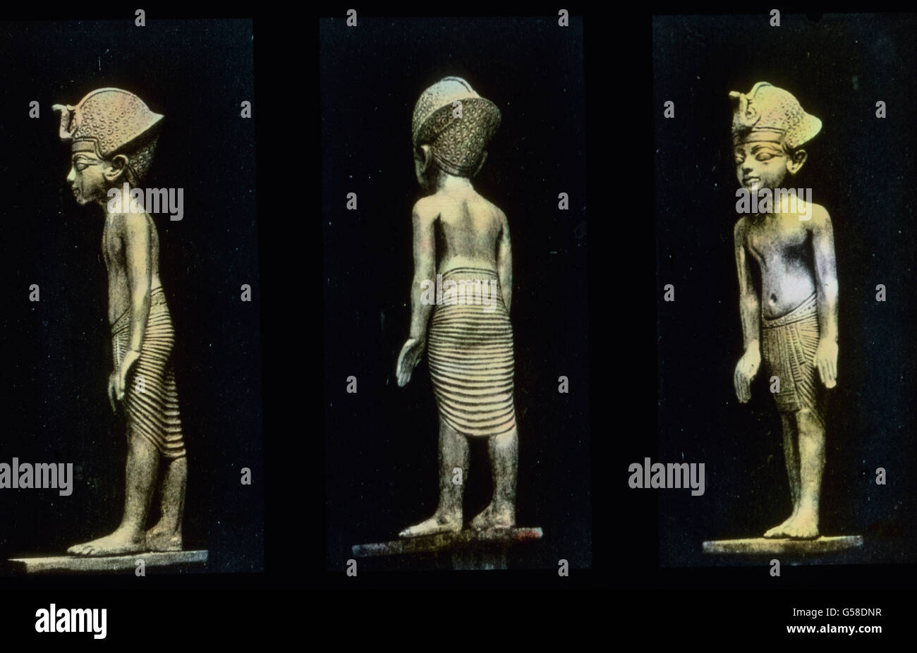 Ganz aus massivem Golde war eine Statuette, die den König im Alter von etwa 12 Jahren darstellt. Wir sehen sie hier von drei verschiedenen Gesichtspunkten aus. Das mag die Zeit gewesen sein, in der Tut-ench-Amun auf den Thron kam. Er hat sechs Jahre regiert und ist als 18jähriger gestorben. Er ist nicht durch seine Taten weltberühmt geworden, sondern nur durch die Tatsache, daß sein Grab mit allen Kunstschätzen als einziges unter allen Pharaonengräbern bisher vorgefunden und wissenschaftlich untersucht wurde. Auch seine Mumie fand man noch erhalten. Fast der gesamt Inhalt des Grabes befindet s Stock Photo