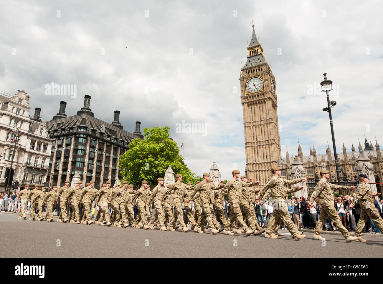 Soldiers from 20 Armoured Brigade arrive at the Houses of Parliament, in Westminster, London, to attend a reception at the Palace of Westminster, following their return from Afghanistan. PRESS ASSOCIATION Photo. Picture date: Tuesday June 19, 2012. Photo credit should read: Dominic Lipinski/PA Wire Stock Photo