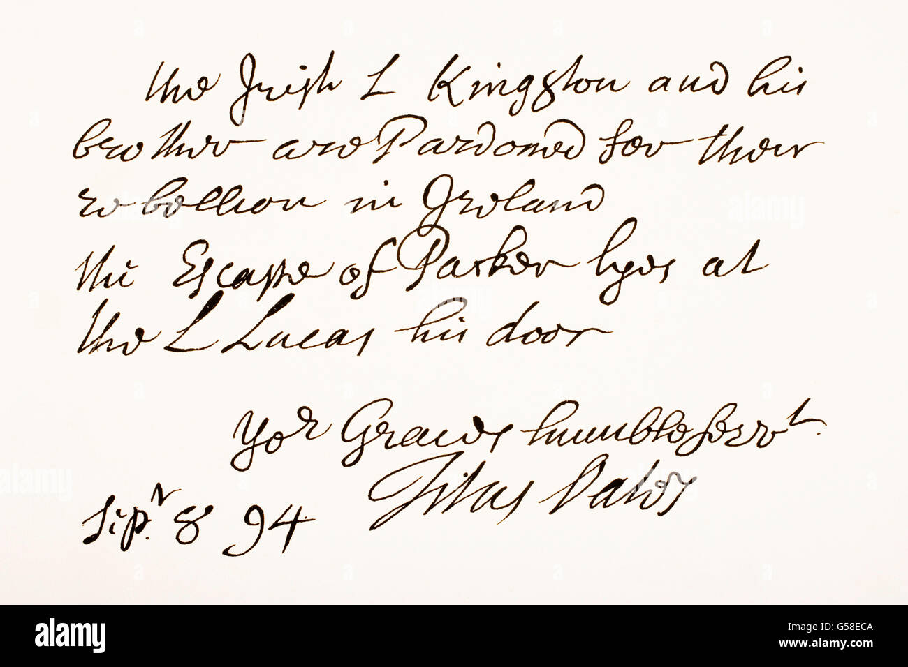Titus Oates,1649 – 1705.  English perjurer who fabricated the 'Popish Plot', a supposed Catholic conspiracy to kill King Charles II.  Hand writing sample. Stock Photo