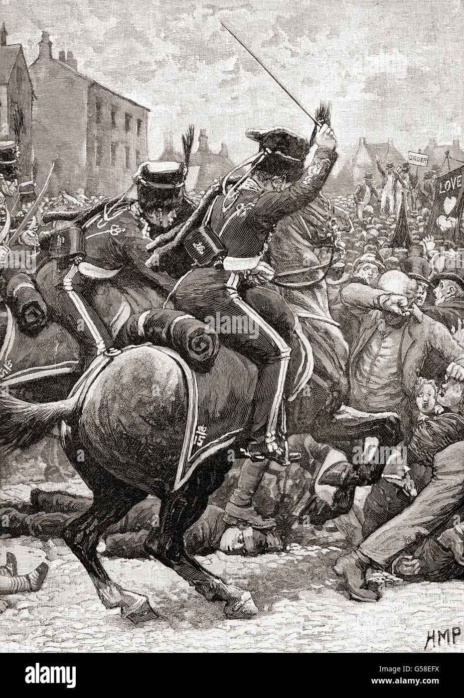 Hussars charging into the crowd at The Peterloo Massacre, St Peter's Field, Manchester, England,  16 August 1819. Stock Photo