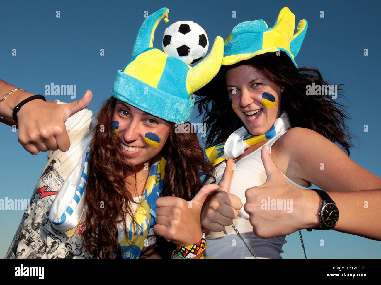 Soccer - UEFA Euro 2012 - Group D - England v Ukraine - Donbass Arena. Ukraine fans show their support outside the Donbass Arena prior to kick-off Stock Photo