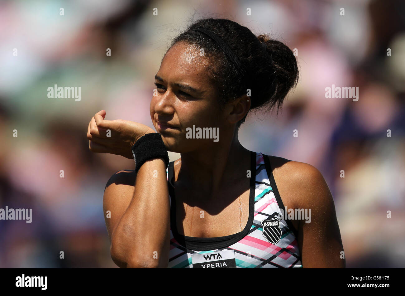 Great Britain's Heather Watson shows her frustration during her match during day three of the AEGON International at Devonshire Park, Eastbourne. Stock Photo