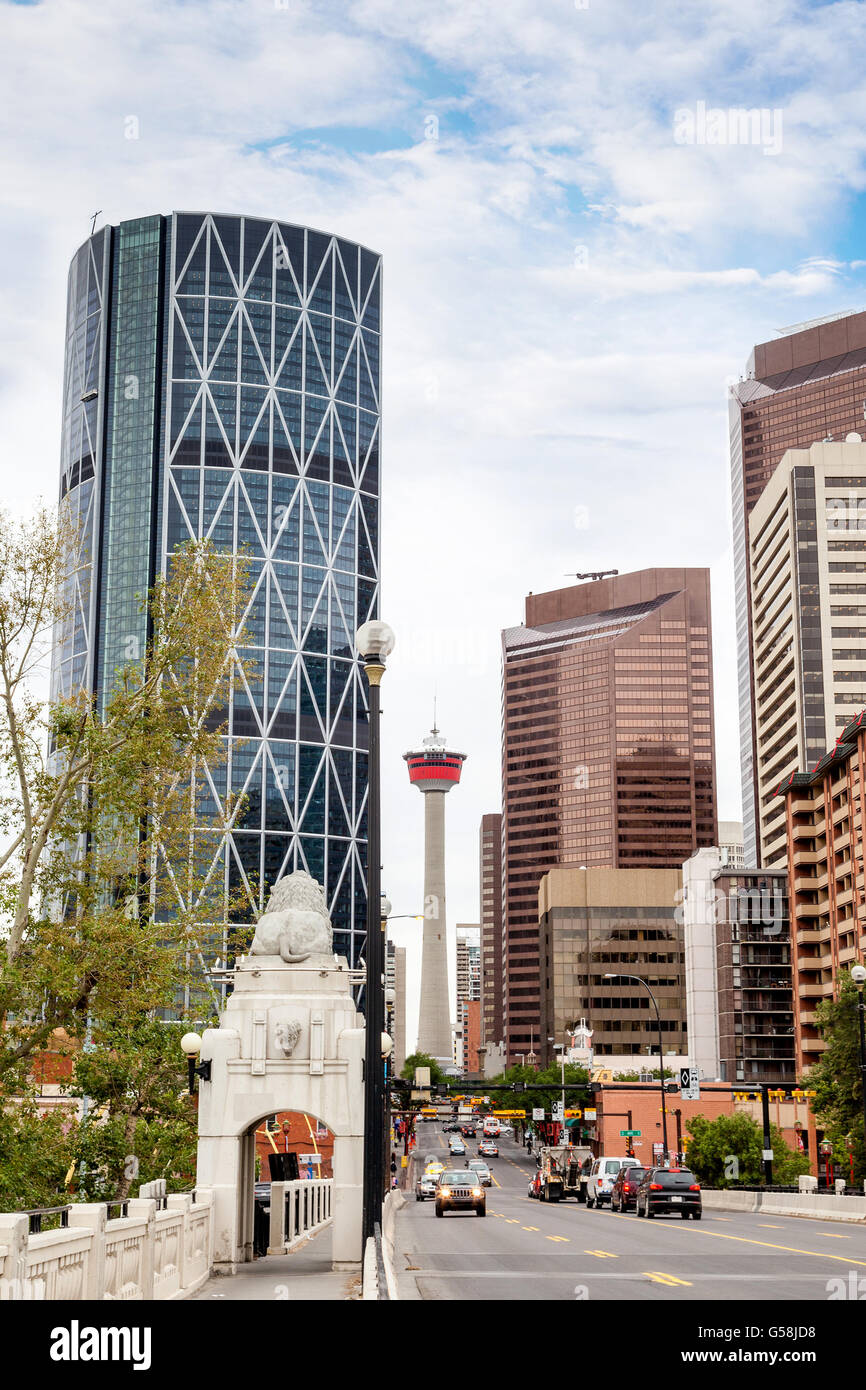 Calgary downtown showing Centre Street Bridge across the Bow River and