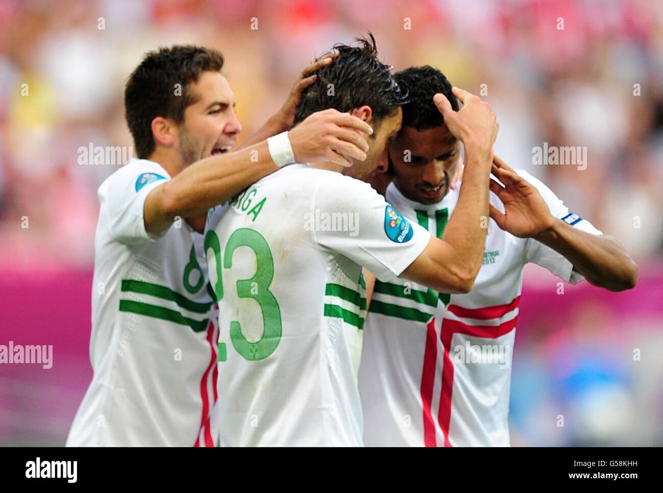 Portugal's Helder Postiga (centre) celebrates with his team-mates after scoring his side's second goal of the game Stock Photo
