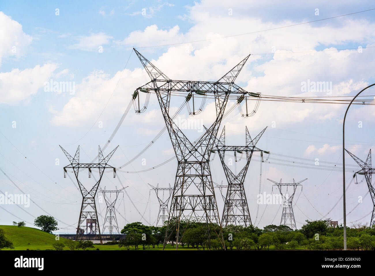 Electricity pylons, Itaipu Dam, Brazil Stock Photo