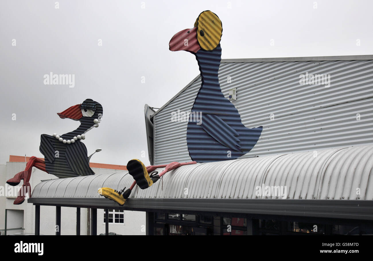 corrugated iron sculptures and art work at tirau new zealand Stock