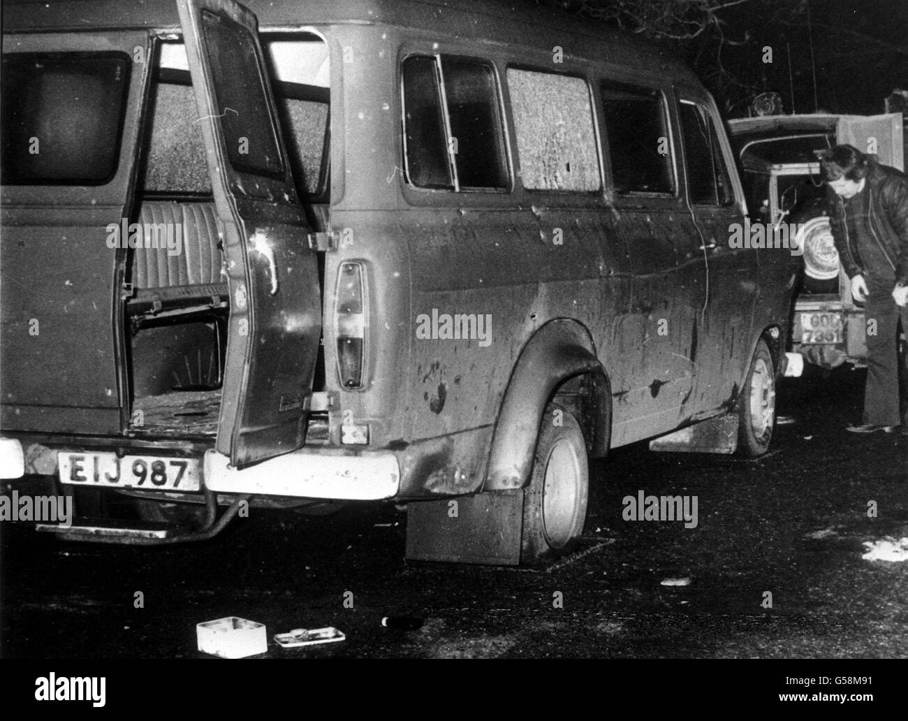 The bullet riddled minibus near Whitecross in South Armagh where 10 Protestant workmen were shot dead by IRA terrorists. * 7/1/2001: Stormont First Minister David Trimble was attending the memorial service at Bessbrook Town Hall, south Armagh on the 25th anniversary of the Kingsmill Massacre. Mr Trimble urged the Irish Government to hold a public inquiry into one of the IRA's worst terrorist atrocities. Stock Photo