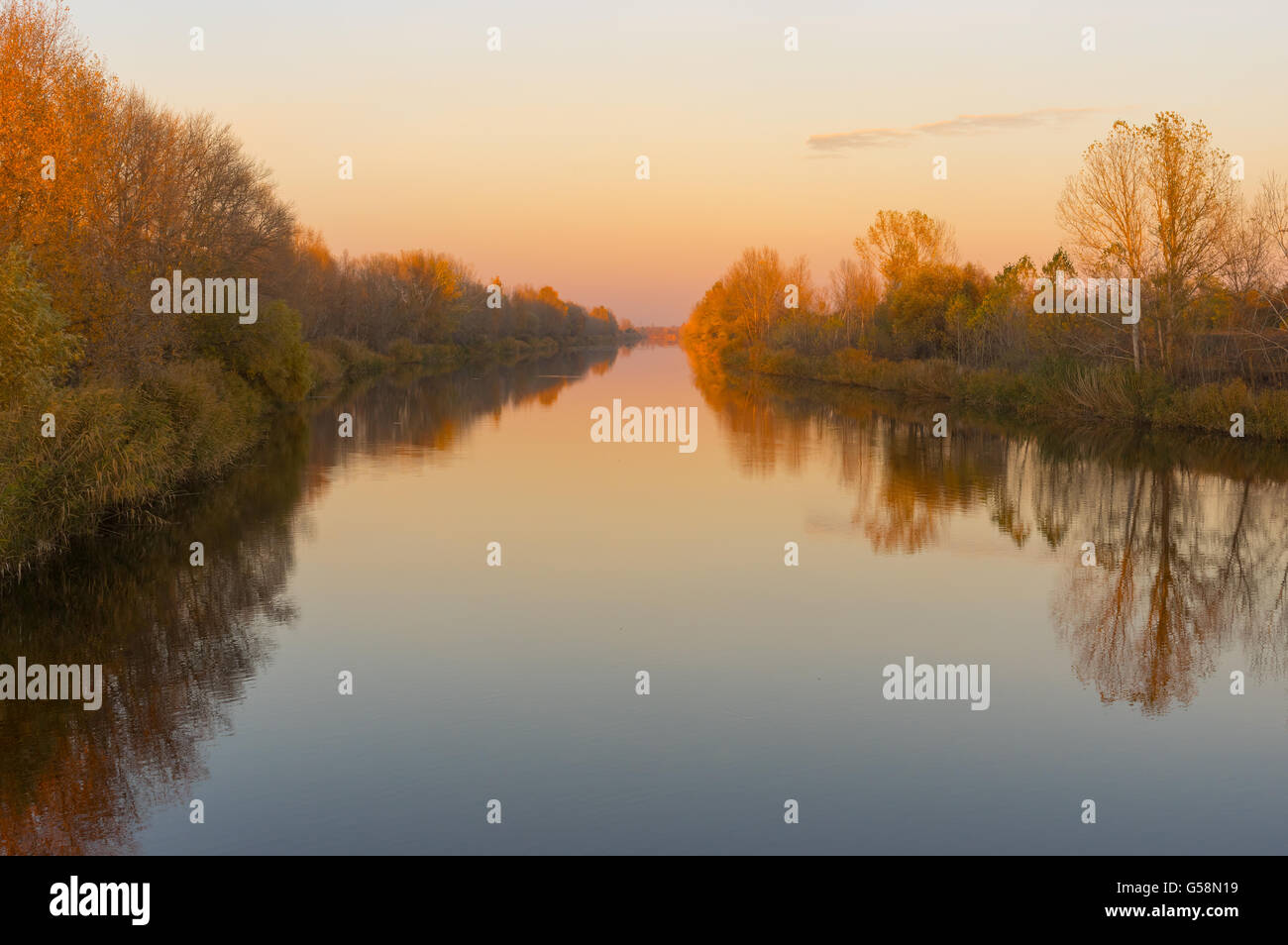 Autumnal landscape with Ukrainian river Orel at sunset time Stock Photo