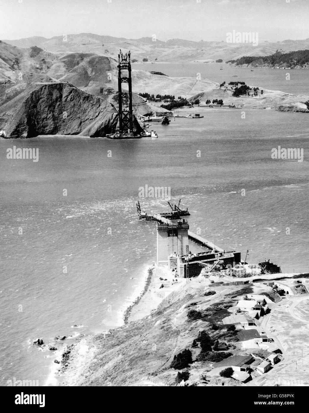 Golden Gate Bridge under construction, San Francisco, California. c.1934 Stock Photo