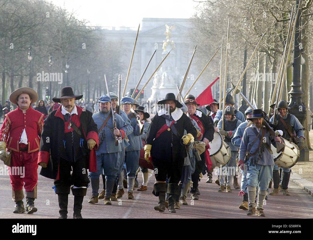 Members from the Civil War Society march down The Mall for a ceremony in central London to mark the beheading of British King Charles I. * Dressed in 17th Century costume the marchers paraded to commemorate the beheading which happened on January 30 1649. Stock Photo