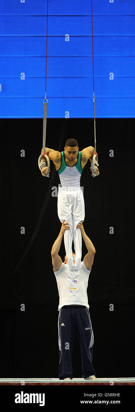 South Essex Gymnastics Club's Reiss Beckford on the rings during the Men's and Women's Artistic Gymnastics British Championships at the Echo Arena, Liverpool. Stock Photo