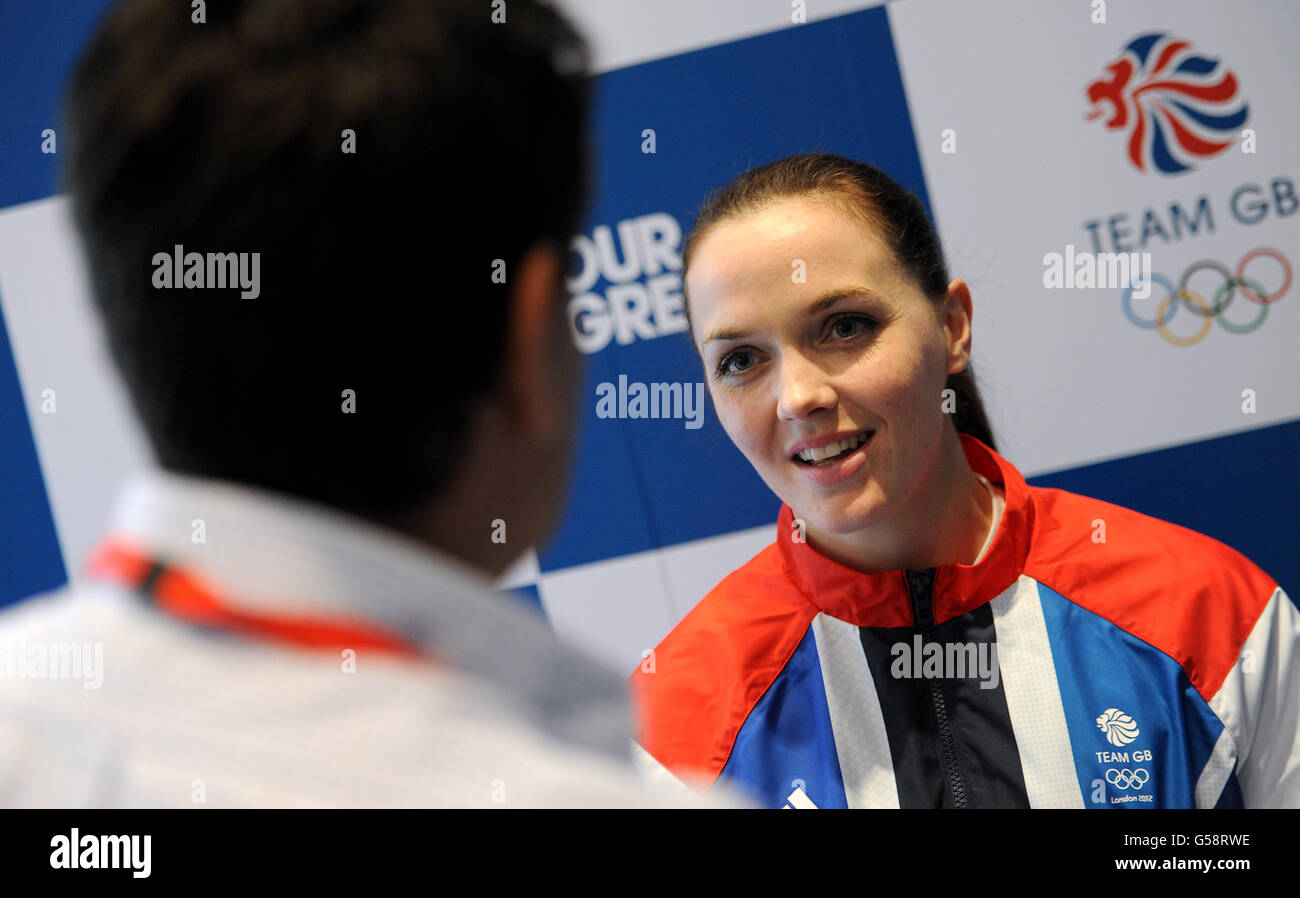 Great Britain's Victoria Pendleton is interviewed by the media during the London 2012 kitting out session at Loughborough University, Loughborough. Stock Photo