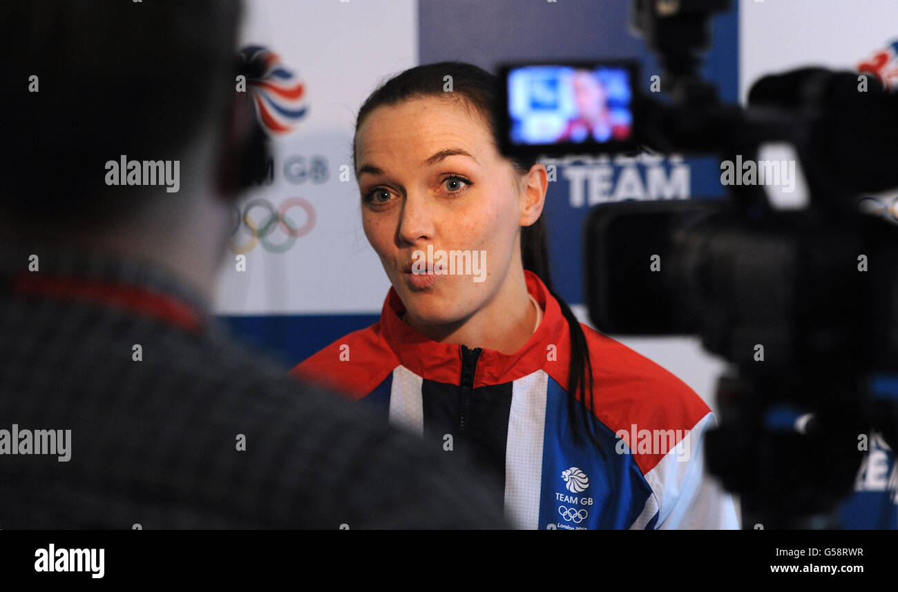 Great Britain's Victoria Pendleton is interviewed by the media during the London 2012 kitting out session at Loughborough University, Loughborough. Stock Photo