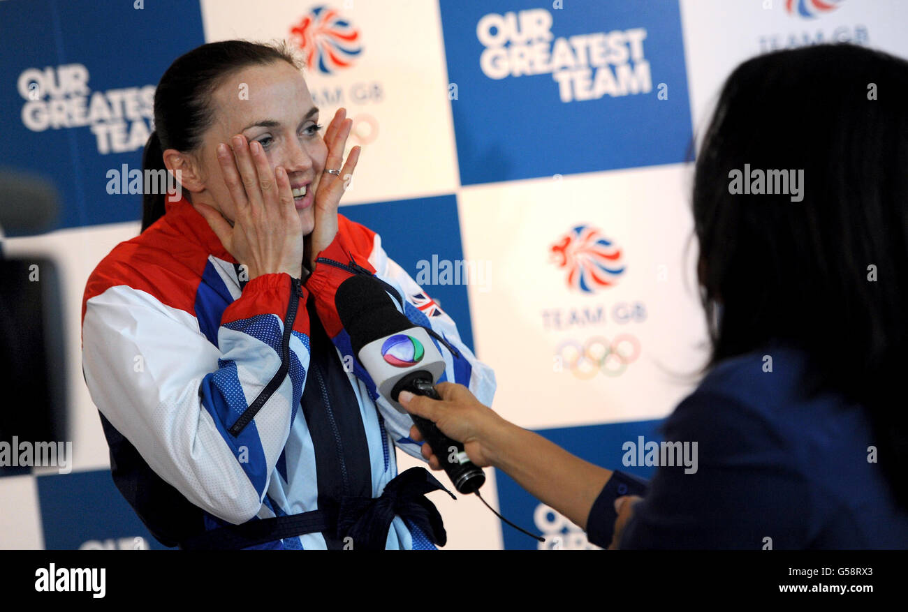 Great Britain's Victoria Pendleton is interviewed by the media during the London 2012 kitting out session at Loughborough University, Loughborough. Stock Photo
