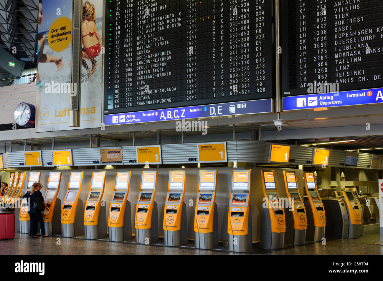 Frankfurt Airport : Terminal A and check in - Lufthansa machines and large  departure display, Frankfurt am Main, Germany, Hessen Stock Photo - Alamy