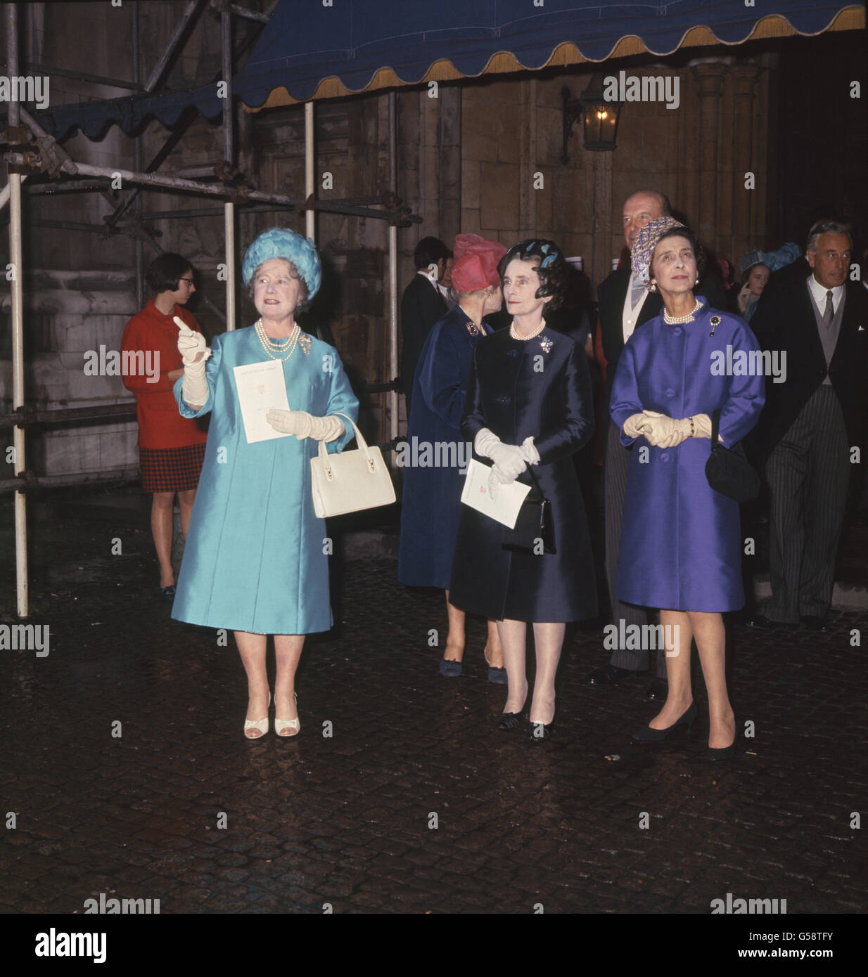1966: The Queen Mother (left), the Duchess of Gloucester (c) and Princess Marina of Kent at the wedding of the Marquess of Hamilton and Miss Alexandra Phillips at Westminster Abbey. Stock Photo