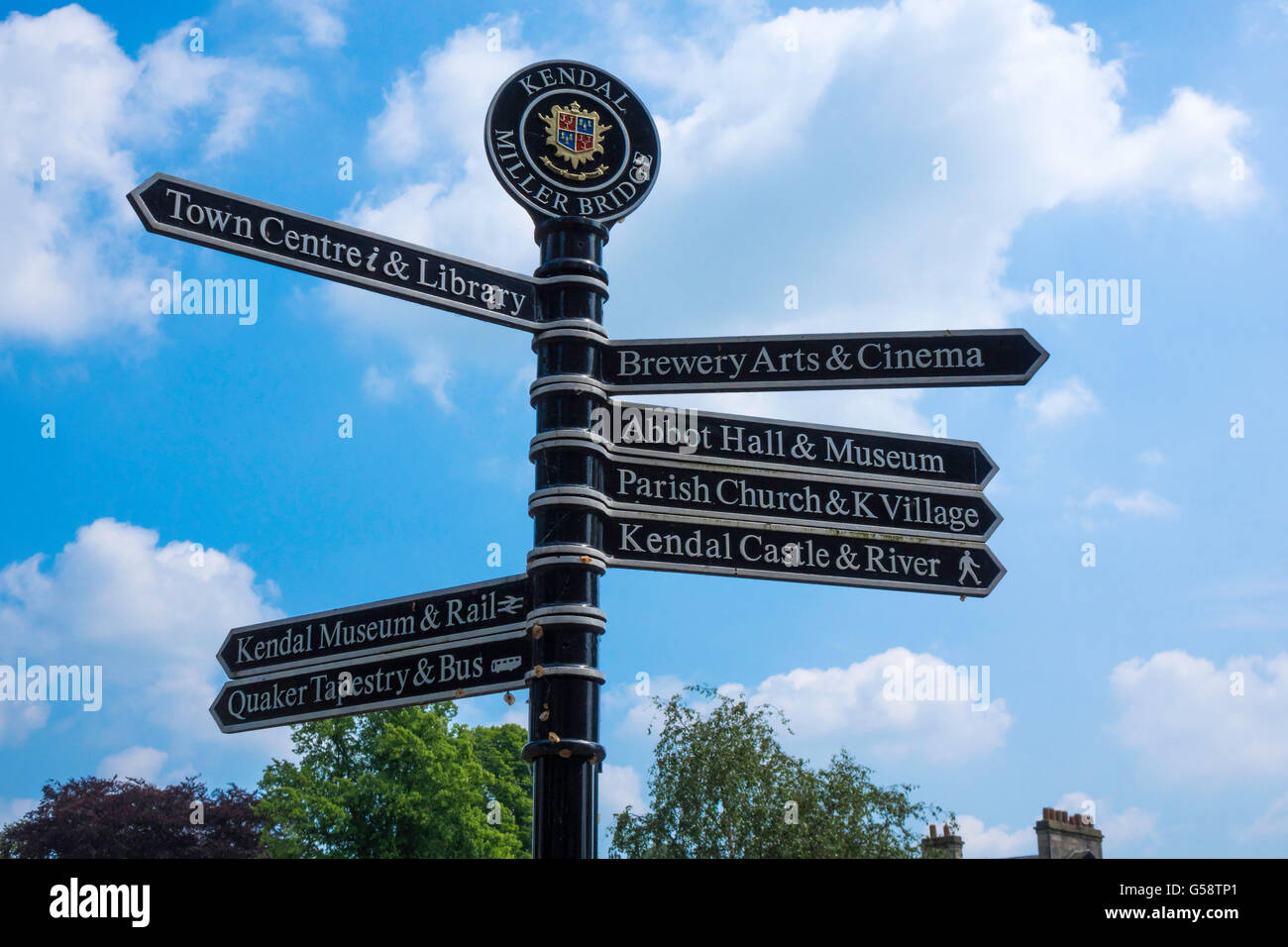 A signpost at Miller Bridge Kendal showing directions to various attractions Stock Photo
