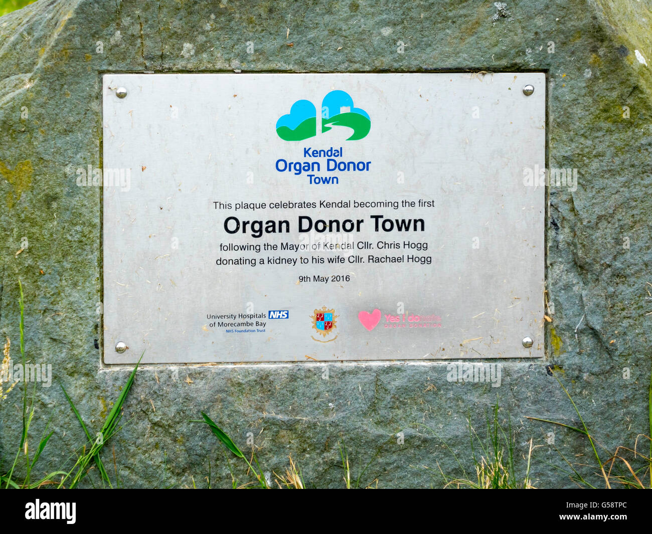 Sign Notice Kendal is an Organ Donor Town  after the Mayor donated a kidney to his wife Stock Photo