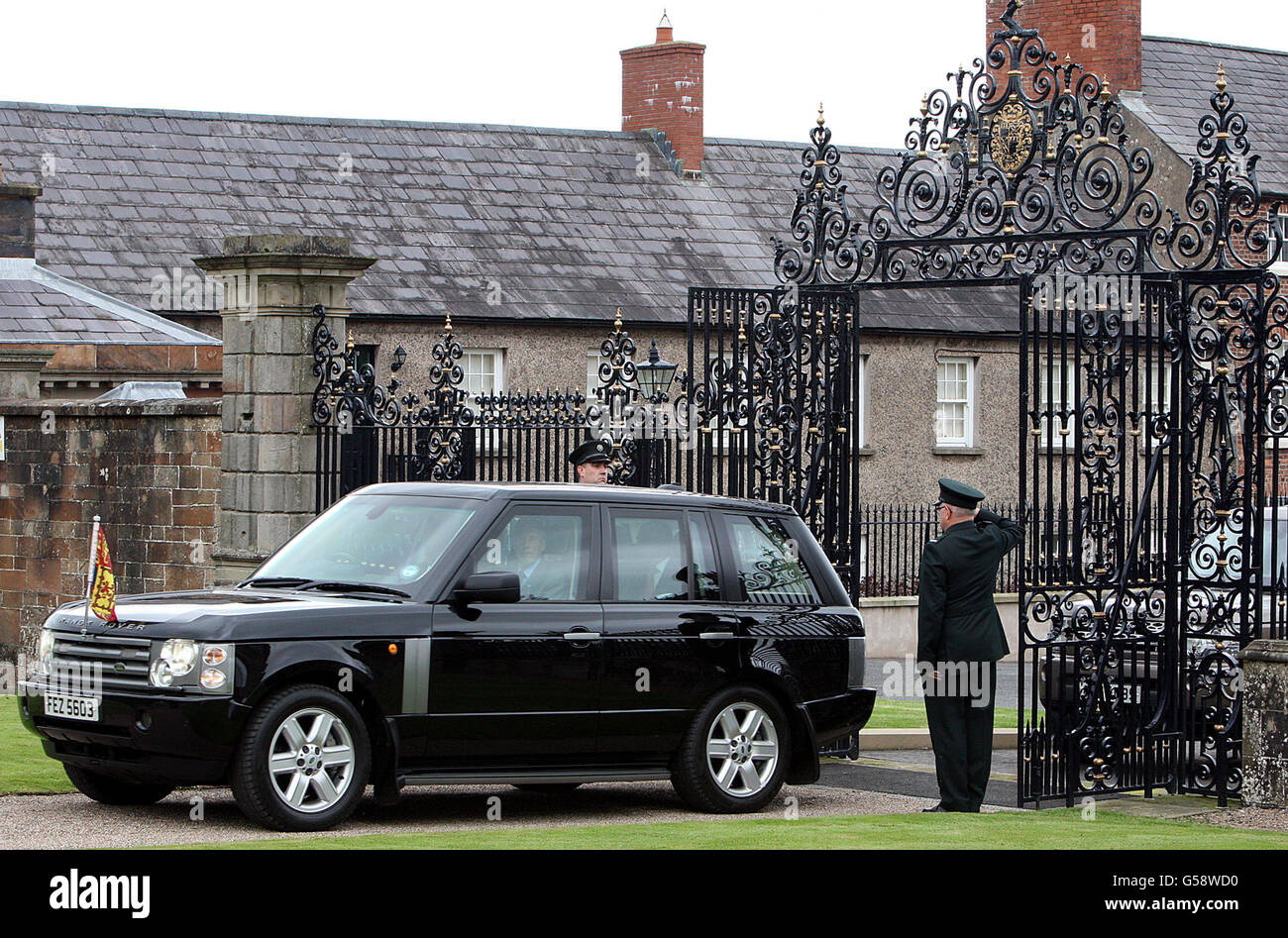 Queen Elizabeth II arrives through the new Jubilee Gates at Hillsborough Castle, County Down, during a two-day visit to Northern Ireland as part of the Diamond Jubilee tour. Stock Photo