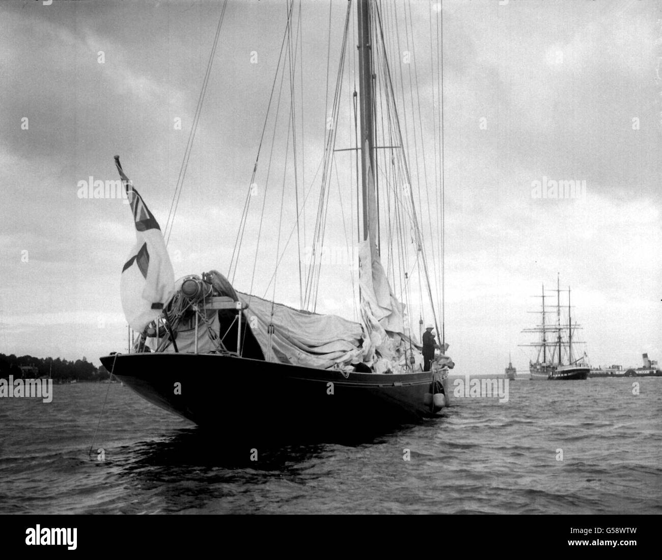 1931: King George V's racing yacht, 'Britannia', has a drying-out day for her rain-soaked sails. Stock Photo