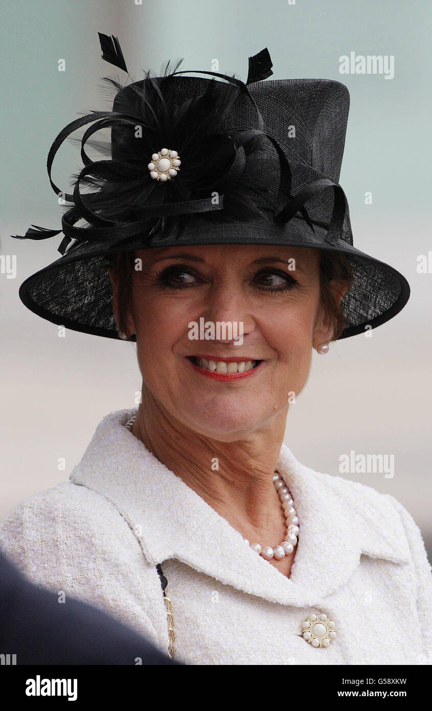 Iris Robinson, wife of First Minister Peter Robinson, waits for Queen Elizabeth II and Duke of Edinburgh to arrive at the Titanic Centre in Belfast, during a two-day visit to Northern Ireland as part of the Diamond Jubilee tour. Stock Photo