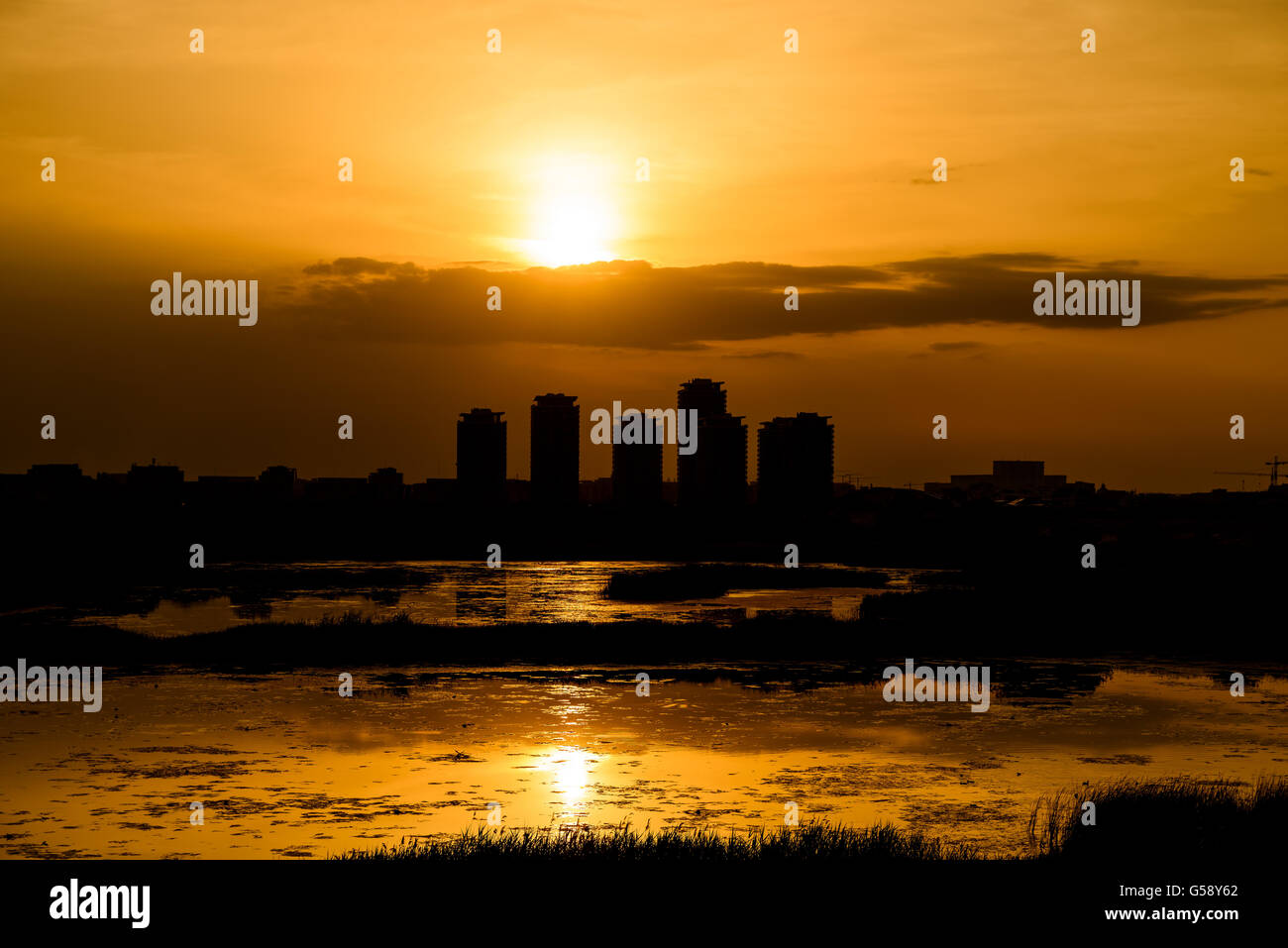 Summer Sunset Over Bucharest City Skyline In Romania Stock Photo