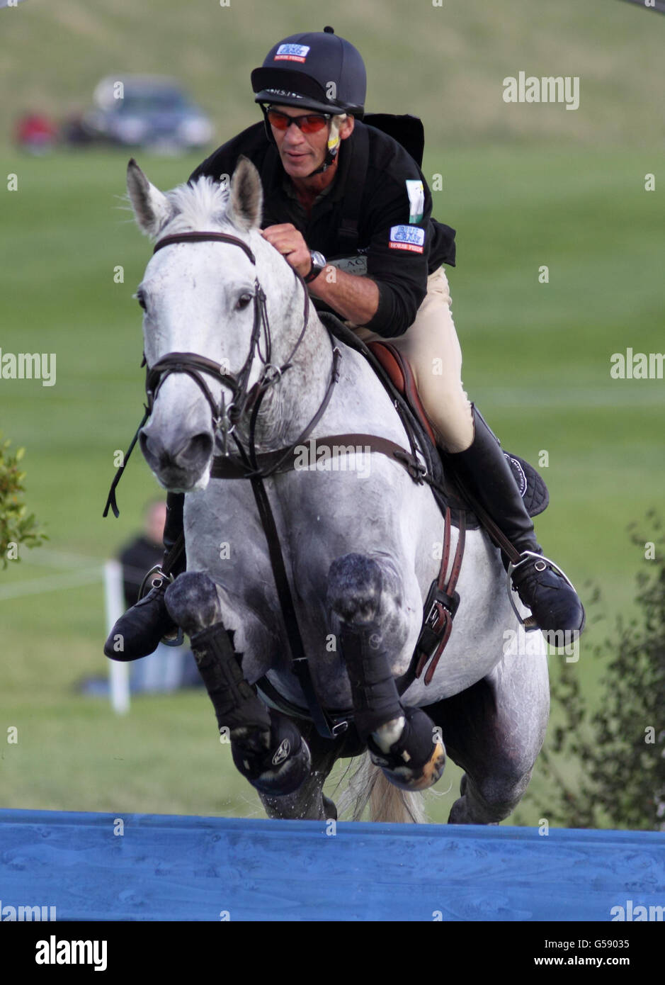 New Zealand's Andrew Nicholson rides Avebury in the St James's Place Barbury International Horse Trials during day three of the Barbury International Horse Trials at Barbury Castle Estate, Wiltshire. Stock Photo