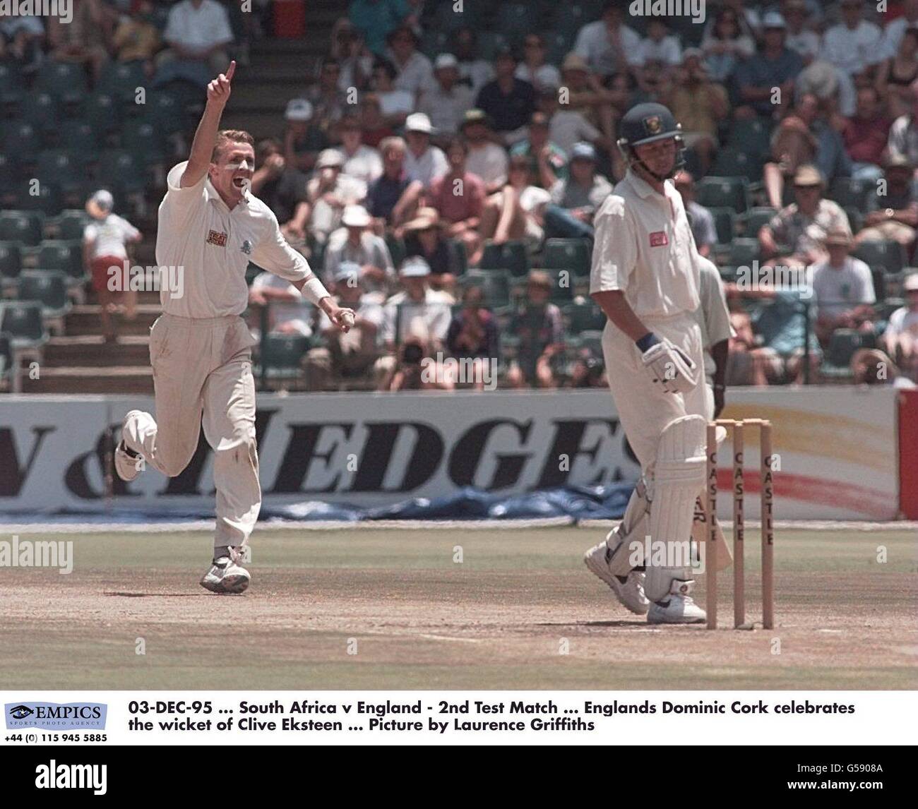 03-DEC-95 ... South Africa v England - 2nd Test Match ... Englands Dominic Cork celebrates the wicket of Clive Eksteen ... Picture by Laurence Griffiths Stock Photo