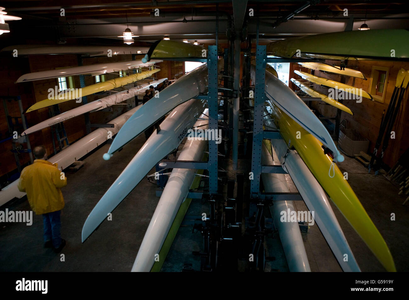 Boats lie in storage at the Peter Jay Sharp boathouse on Harlem River in New York, USA, 30 April 2005. Stock Photo
