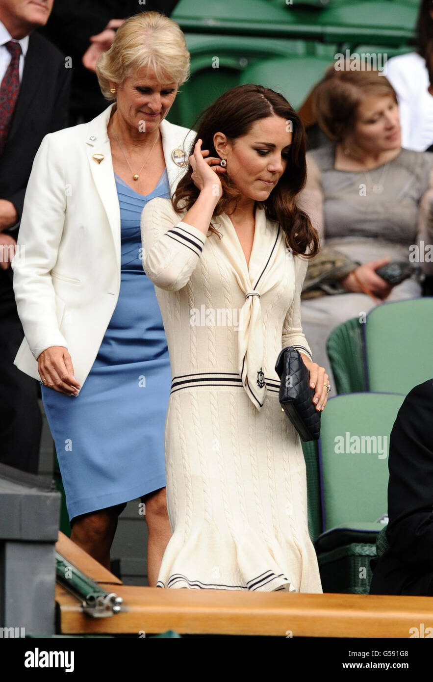 The Duchess of Cambridge arrives in the Royal Box during day nine of the 2012 Wimbledon Championships at the All England Lawn Tennis Club, Wimbledon. Stock Photo
