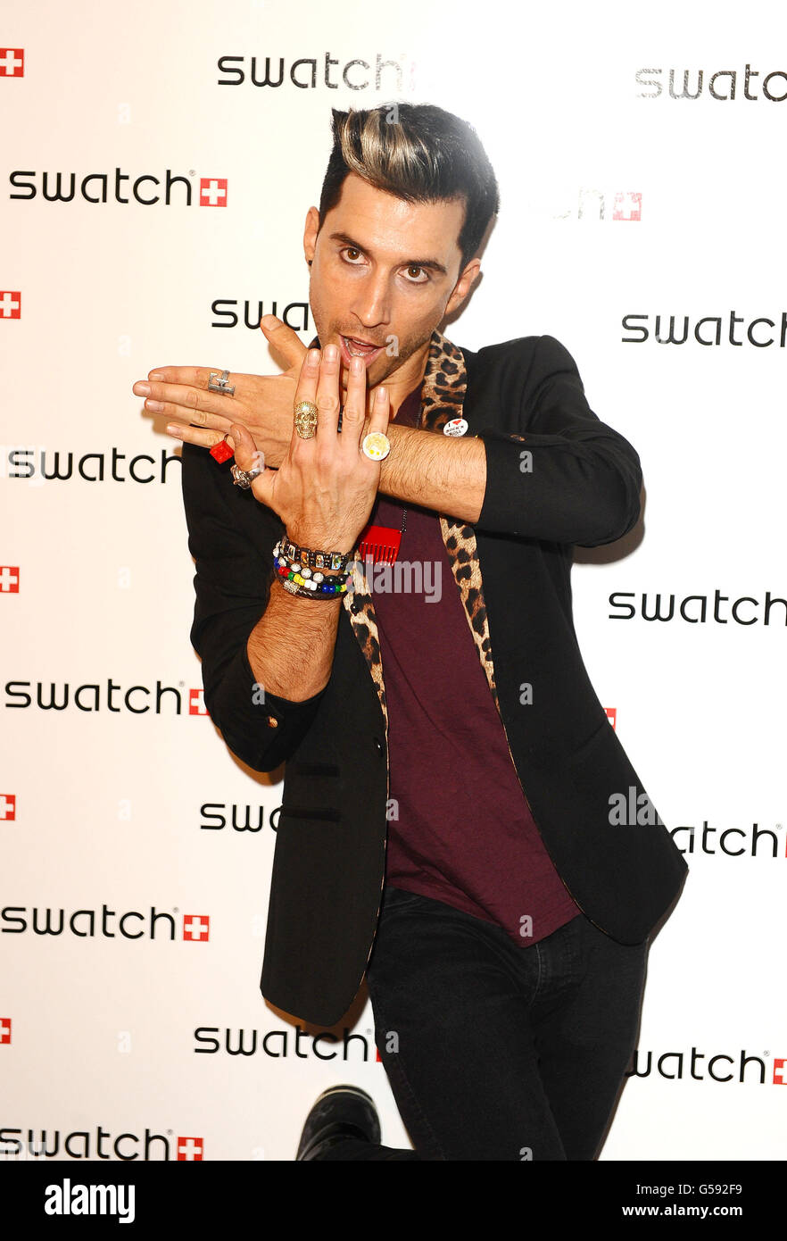 Russell Kane arrives at the Swatch Chrono Plastic launch party at the Future Gallery in London. Stock Photo