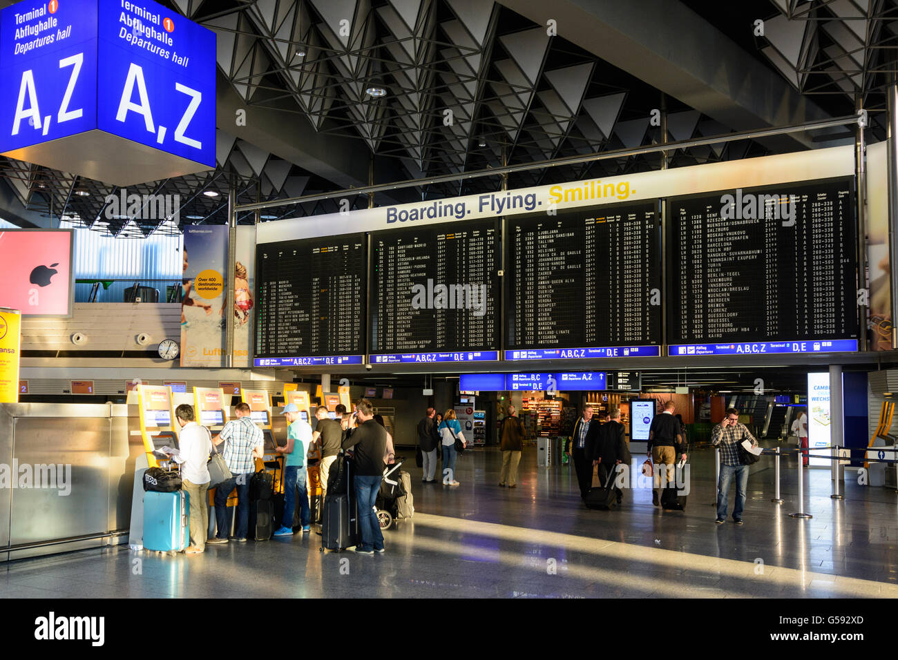 Frankfurt Airport : Terminal A and check in - Lufthansa machines and large  departure display, Frankfurt am Main, Germany, Hessen Stock Photo - Alamy