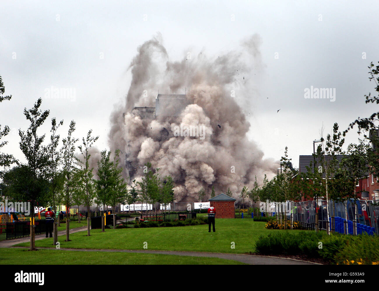 The former Massey Ferguson tower in Tile Hill, Banner Lane, Coventry, as it is demolished in a controlled explosion. Stock Photo