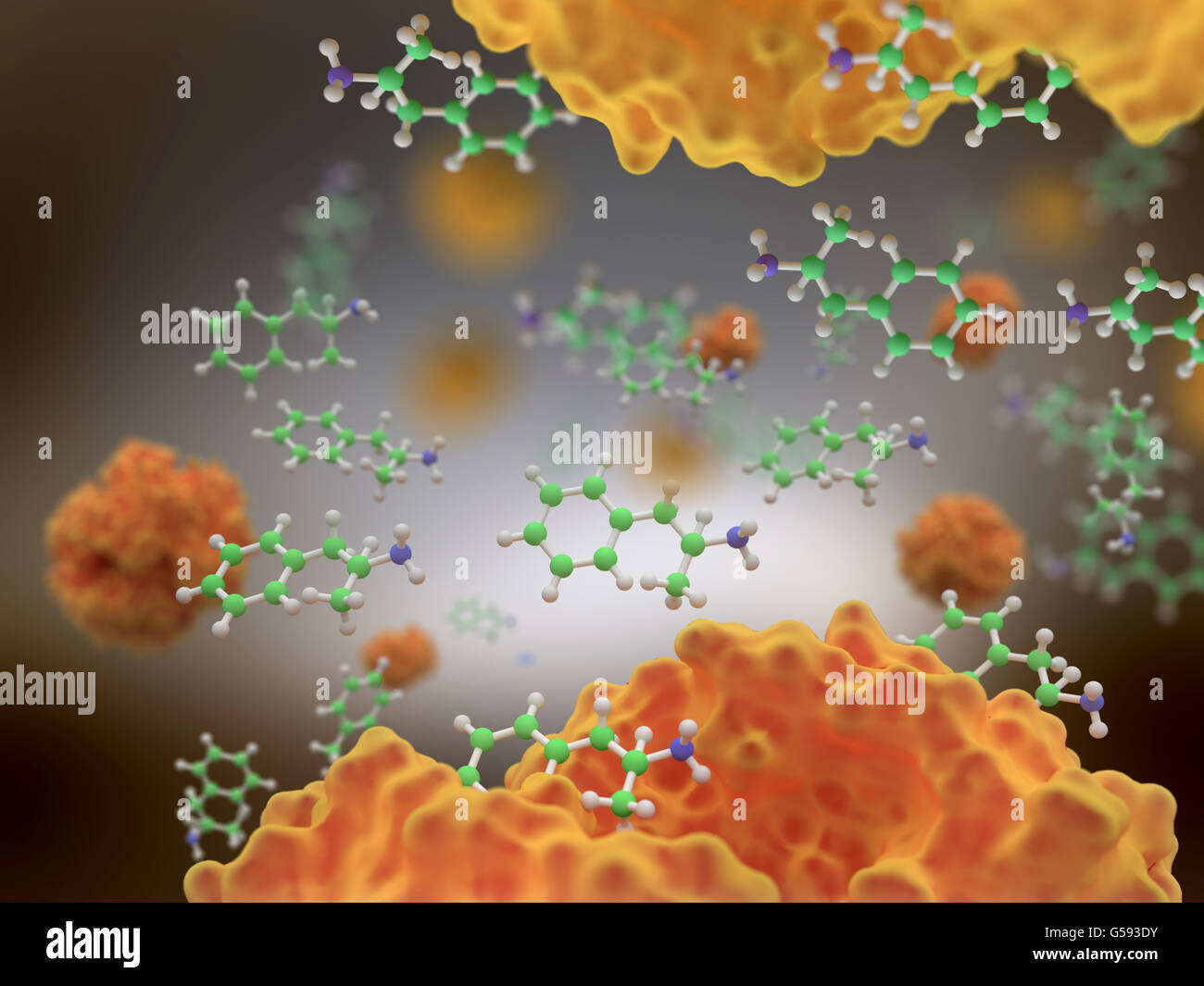 Amphetamine (in green), a synthetic drug, is a potent central nervous system (CNS) stimulant Stock Photo