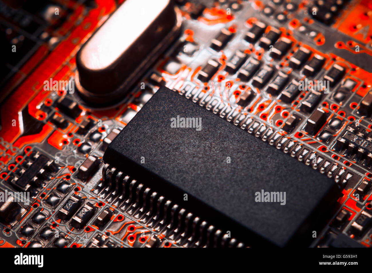 Bokeh electronic circuit close up computer in red colors Stock Photo ...