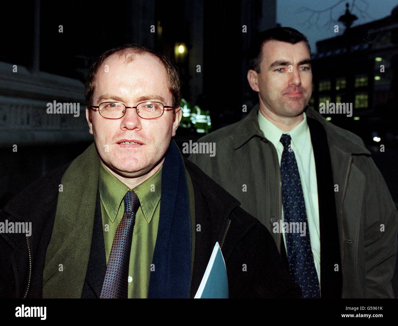 Two former IRA prisoners, Danny McNamee, 40, (left) and Liam McCotter, 37, leaving the High Court in London, where they are attempting to sue the Home Office for damages over injuries they claim were inflicted on them by prison officers. * after an unsuccessful breakout from Whitemoor prison in Cambridgeshire. 2/3/2001: Judgment in the damages case is expected to be given. The two former prisoners and an armed robber have brought the action over alleged 'deliberate attacks' by prison officers in the wake of an unsuccessful breakout. Stock Photo