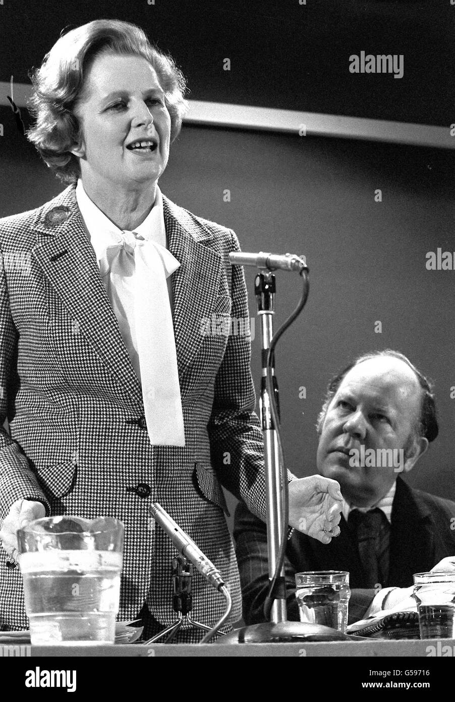 Former Labour Minister Mr Reg Prentice listens intently as Tory leader Mrs Margaret Thatcher introduces him at her General Election Press conference in London. * 19/1/2001: Lord Prentice of Daventry, the former Labour minister who defected to the Tories in the 1970s, has died aged 77, Conservative Central Office said. As the MP for Newham North East, Reg Prentice as he then was, caused a political storm in 1977 when he left James Callaghan's Labour Party and crossed the floor of the Commons to join the Conservatives. Stock Photo