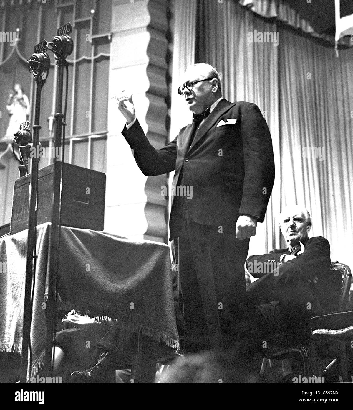 Winston Churchill emphasises a point during a speech at the end of the Conservative Party Conference in Brighton, where he criticised the Labour Party. Stock Photo