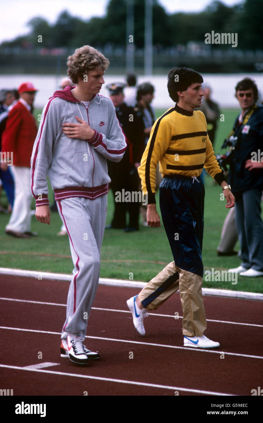 English athletes Sebastian Coe, right, and Steve Cram before the 4 x 800 metres relay, which they won with team mates Garry Cook and Peter Elliott with a time of 7 minutes 3.89 Stock Photo