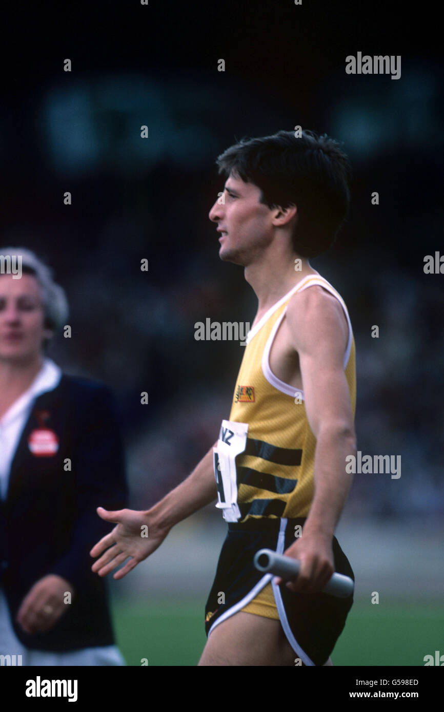 Athlete Sebastian Coe after winning the 4 x 800 metres relay with a world record time of 7 minutes 3.89. His team mates were Peter Elliot, Garry Cook and Steve Cram. Stock Photo