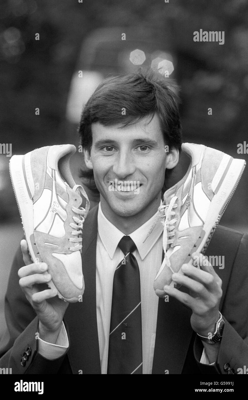 Sebastian Coe helping to launch a new range of Diadora running shoes which have his autograph on them Stock Photo