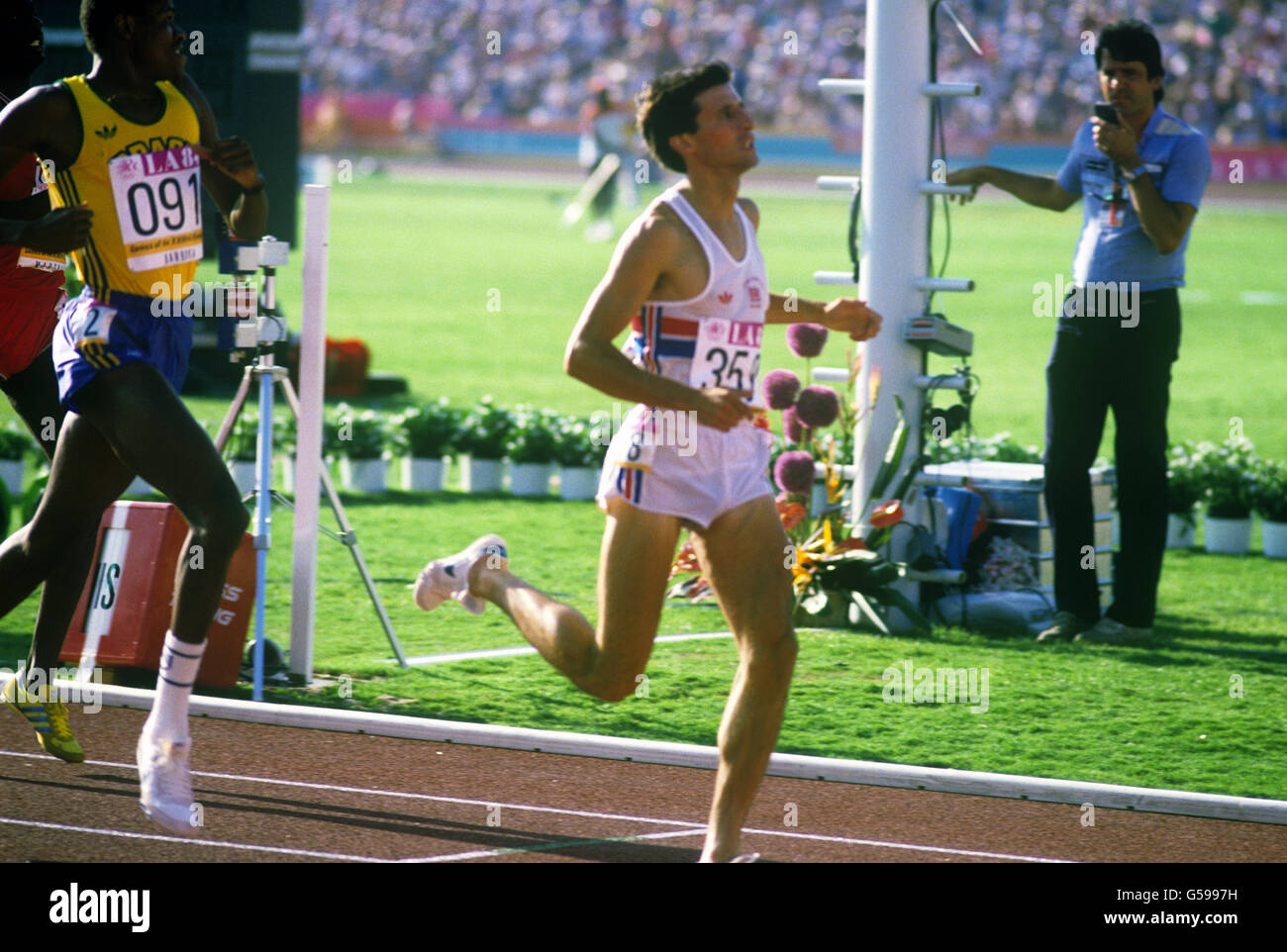 Great Britain's Sebastian Coe coming in third in Heat 2 of the Men's 800 metres, behind Brazil's Jose Luiz Barbosa (no.91). Both qualified for the semi-finals. Stock Photo