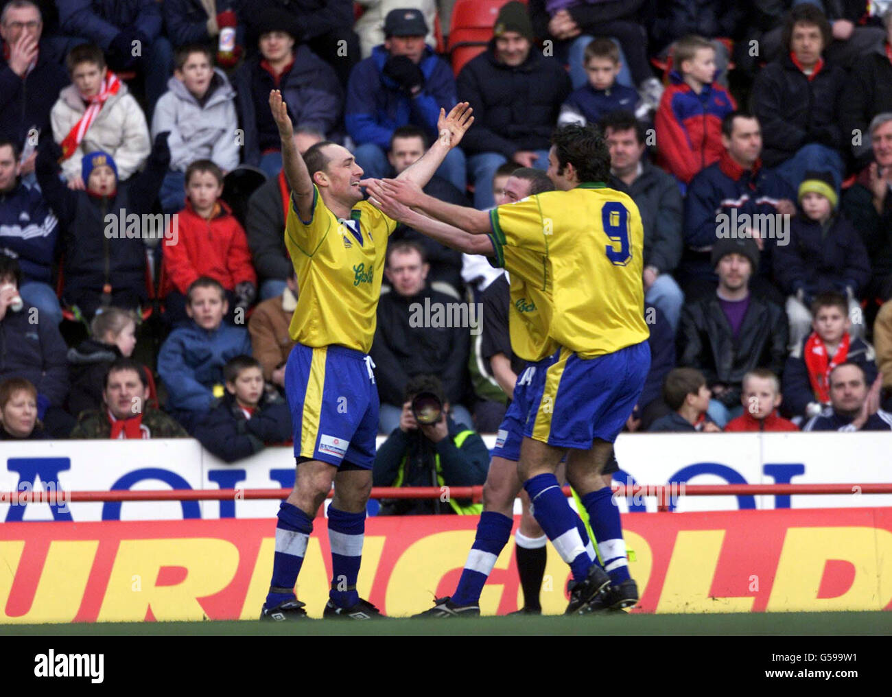 Kingstonian's Phil Wingfield (left) celebrates scoring against Bristol City during the FA Cup Fourth Round match at Ashton Gate, Bristol. Stock Photo